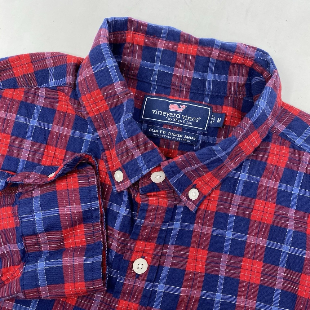Vineyard Vines Tucker Shirt Mens Medium Red Navy Blue Plaid Slim Fit Button Down